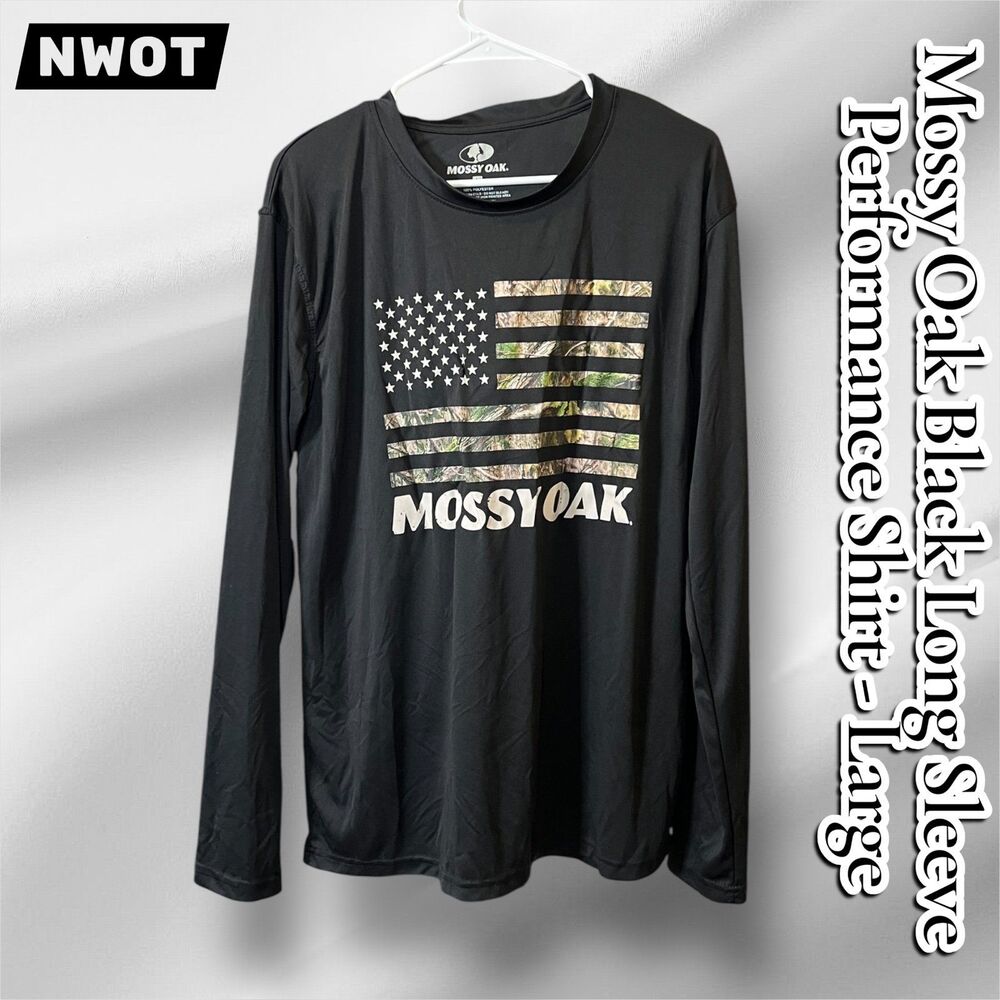 NWOT Mossy Oak Black Long Sleeve Performance Shirt Size Large Camo Flag Graphic
